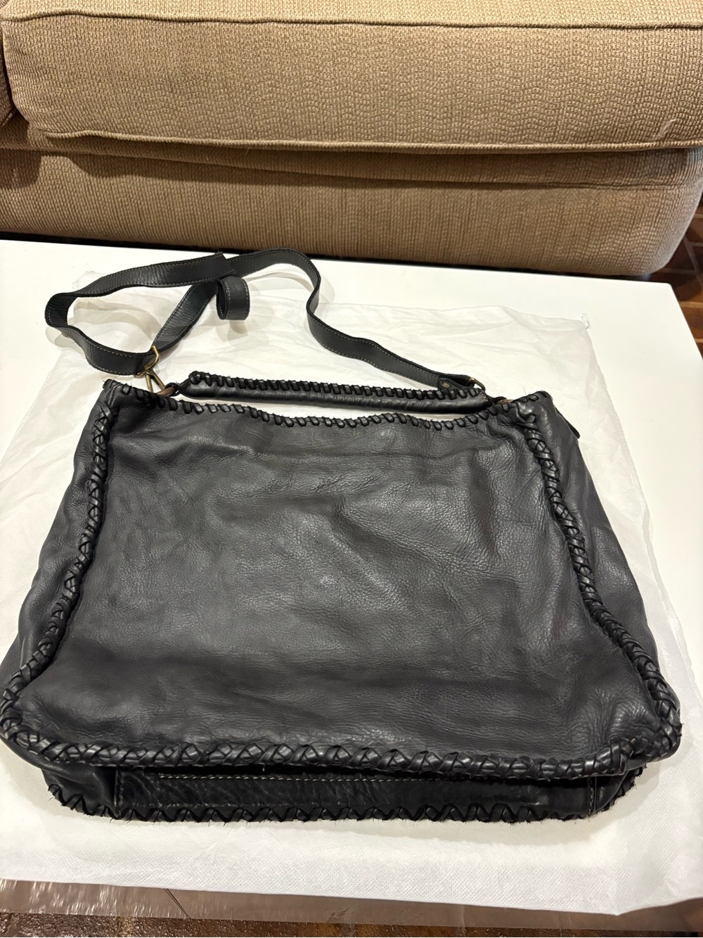 Classic Black Woven-Edge Leather Shoulder Bag
